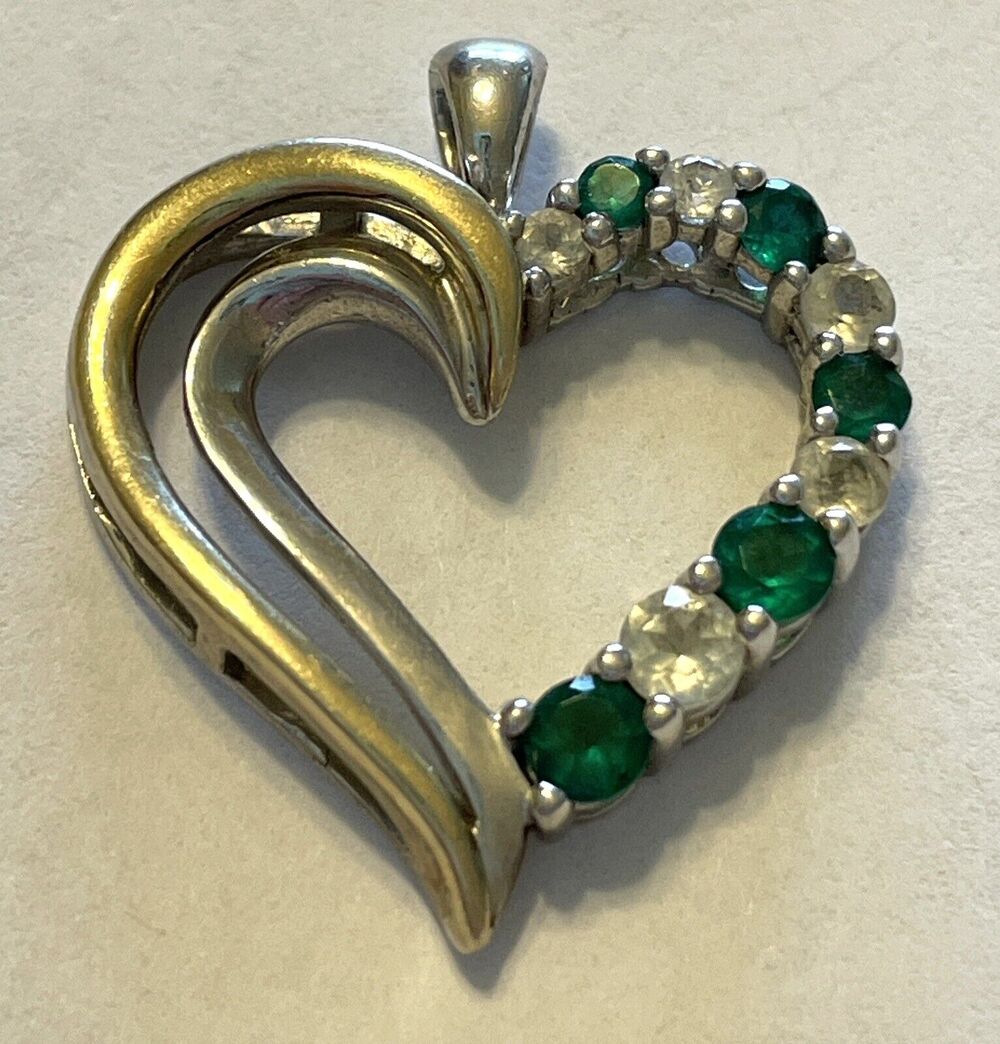 925 10K Yellow Gold White Spinal Green Glass Open Heart Pendant Sterling Silver